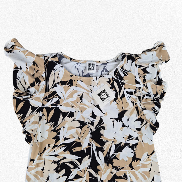 Anne Klein Khaki Multi Floral Ruffle Sleeve Workwear Shift Dress Size 2 NWT - Picture 2 of 10